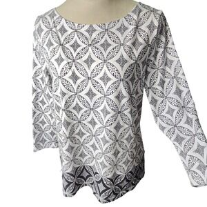Talbots Top Women L White Black Geometric Print Boat Neck 3/4 Sleeve Stretch Boh